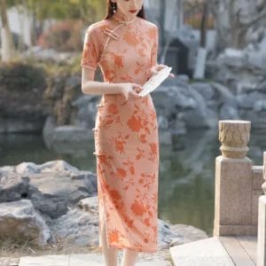 peach pink orange floral qipao dress slim fit high neck mesh panel short sleeve side slit maxi