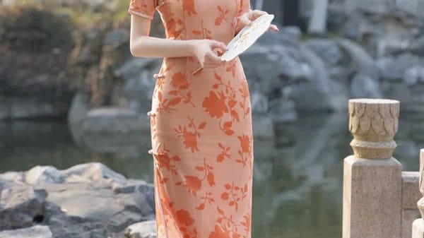 peach pink orange floral qipao dress slim fit high neck mesh panel short sleeve side slit maxi