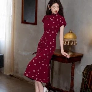 wine red new chinese qipao dress | mandarin collar slim midi with side slits
