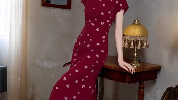 wine red new chinese qipao dress | mandarin collar slim midi with side slits