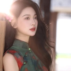 pine green watercolor floral qipao | sleeveless slim long dress with side slit