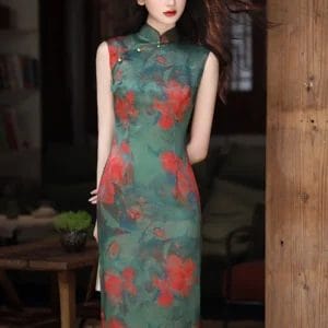 pine green watercolor floral qipao | sleeveless slim long dress with side slit