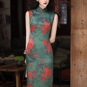 pine green watercolor floral qipao | sleeveless slim long dress with side slit