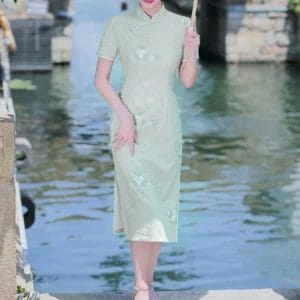women's pastel green lace modern cheongsam dress