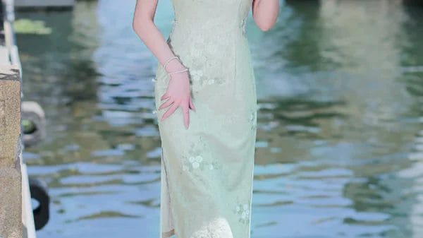 women's pastel green lace modern cheongsam dress