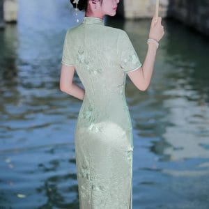 women's pastel green lace modern cheongsam dress